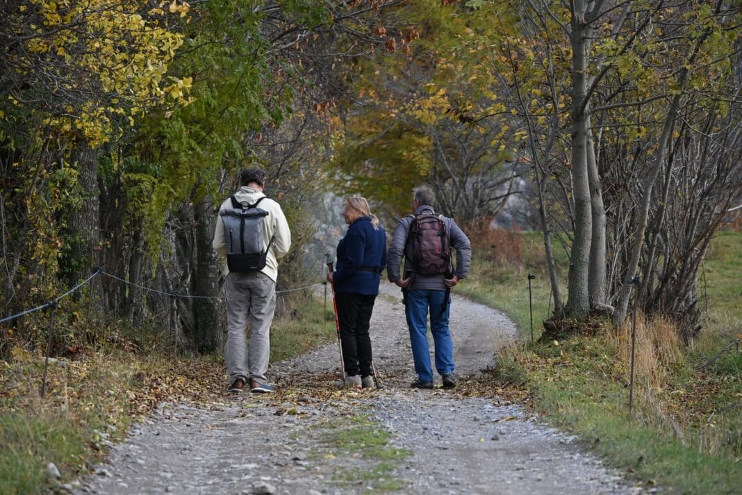 Trzech pielgrzymów na leśnej ścieżce jesienią wśród kolorowych liści