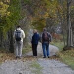 Trzech pielgrzymów na leśnej ścieżce jesienią wśród kolorowych liści